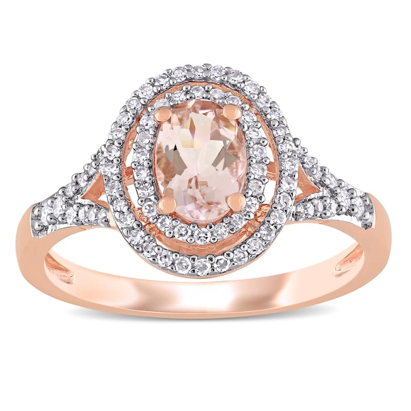 Miadora 14k Rose Gold Oval-cut Morganite and 1/4ct TDW Diamond Double Halo Engagement Ring