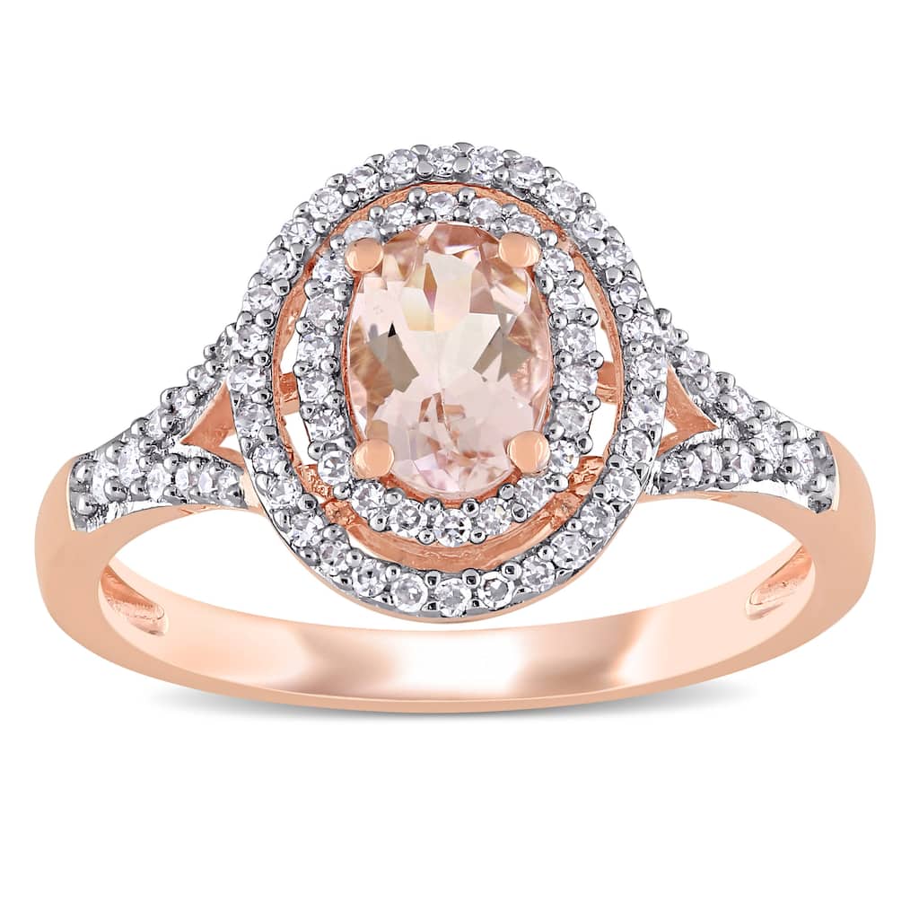 Miadora 14k Rose Gold Oval-cut Morganite and 1/4ct TDW Diamond Double Halo Engagement Ring