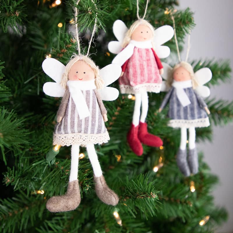 Angel Doll with Wings Christmas Ornaments - 6" - Red, Brown and Blue - Set of 3