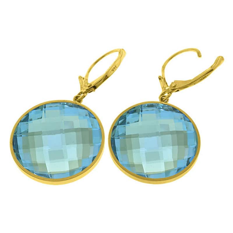 14K Solid Gold Leverback Earrings Natural Round Blue Topaz Gemstone