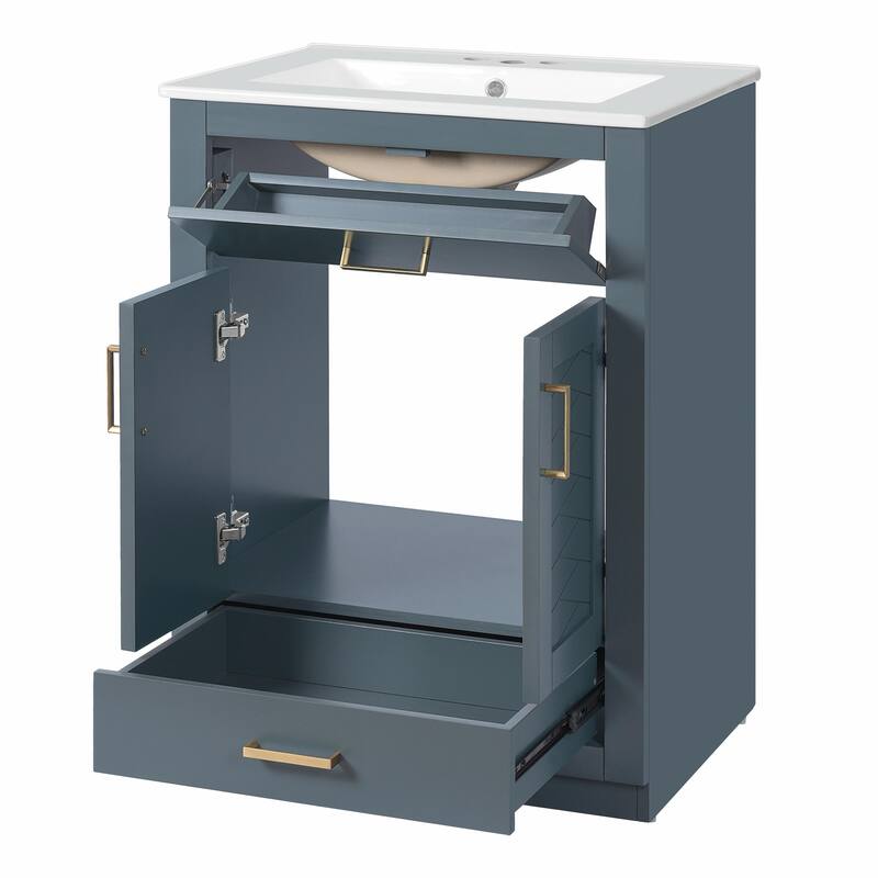 24" Bathroom Vanity with Integrated Ceramic Sink, Cabinet with 2 Doors, 1 Tip-out Drawer