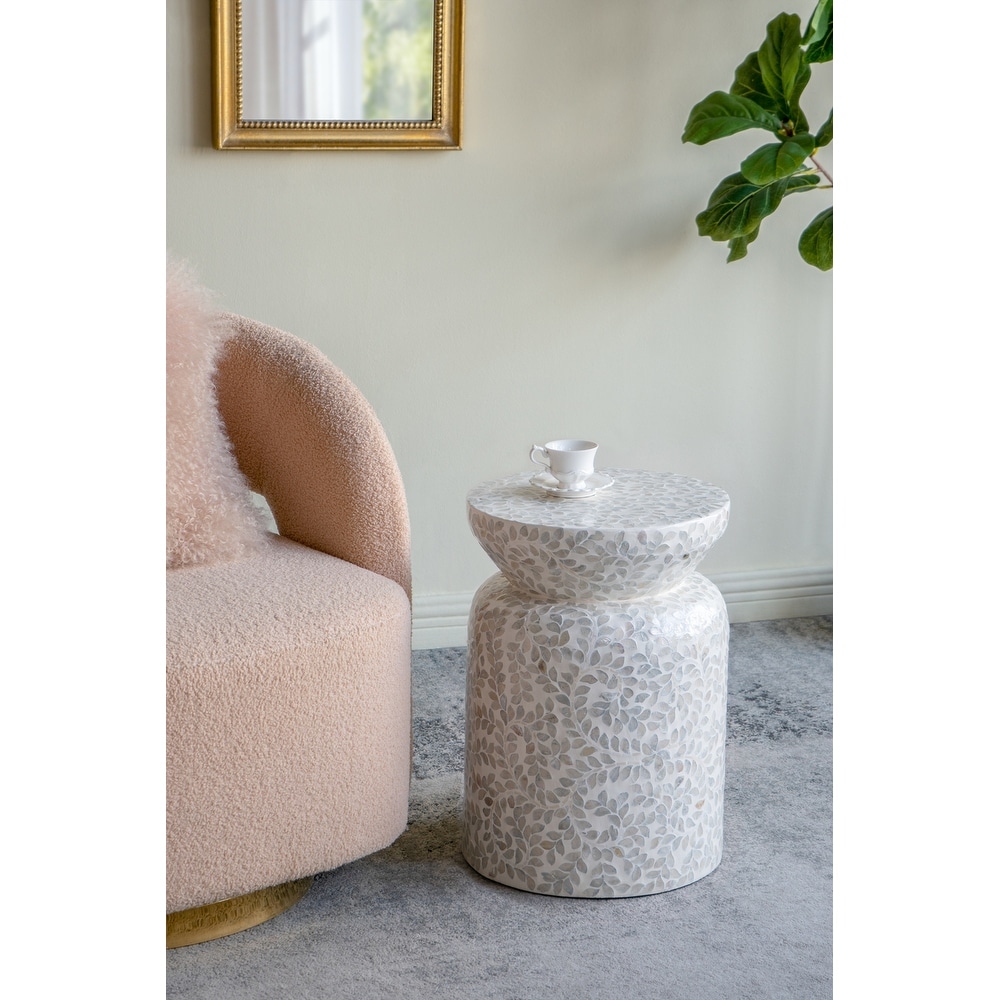 14x14x20" Round Bamboo Accent Table With White Capiz Shell Design