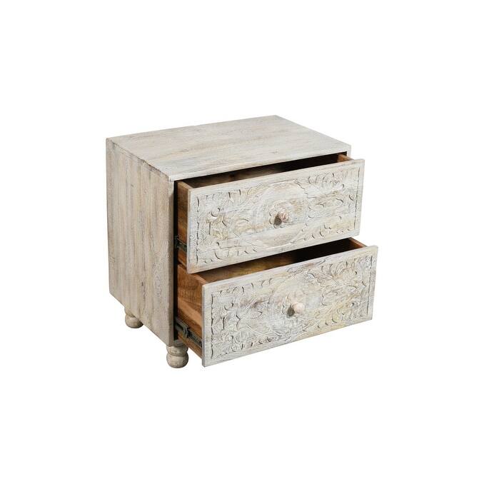HomeRoots 24" Natural And White Solid Wood Distressed Carved Scrollwork Two Drawer Nightstand