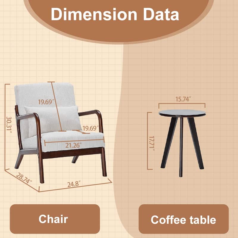 Anmytek Mid Century Modern Vintage Luxury Accent Chair and Coffee Table Set Leisure Living Room Bedroom Relaxation Furniture