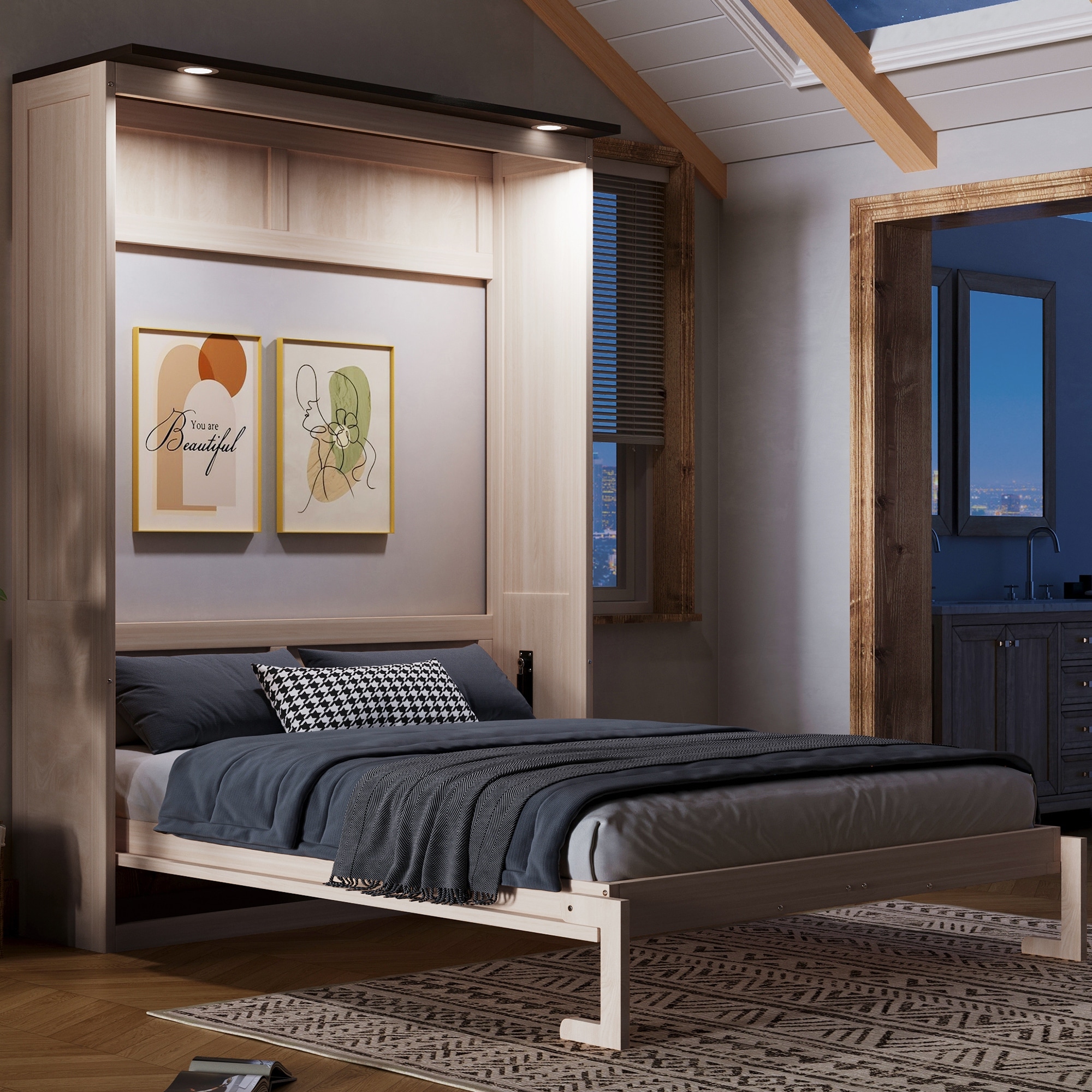 GDFStudio - Queen Wooden Murphy Bed with LED, Solid Wood Frame & Legs