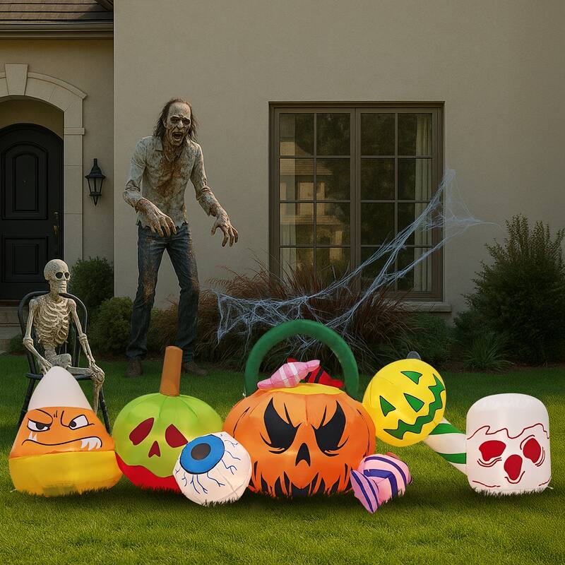 8FT Halloween Inflatable Outdoor Decoration with Ghosts Pumpkins Candy and LED Lights