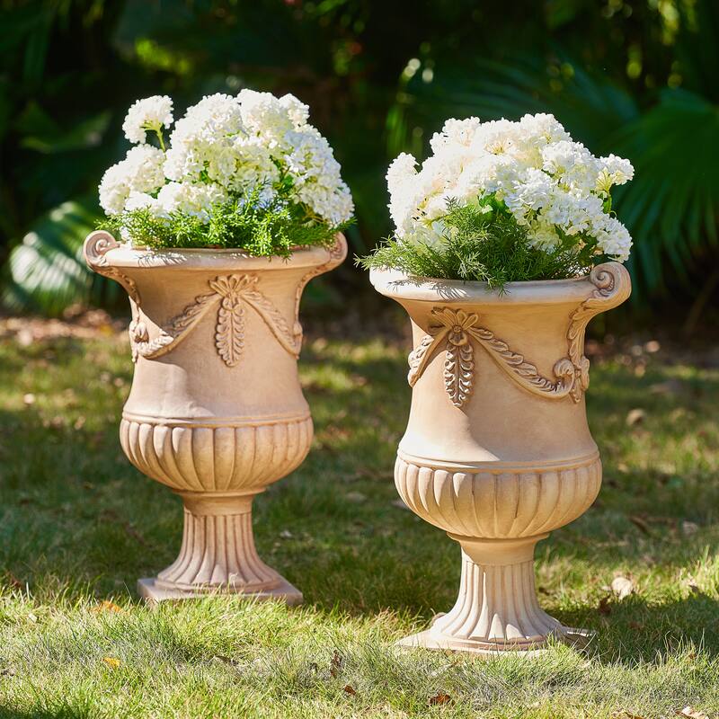 Christopher Knight Home - Fernrise 24.80"H Outdoor Classical Floral Relief Carvings MGO Urn Planter, Drainage Hole & Ventilation - Terracotta - Set of 2