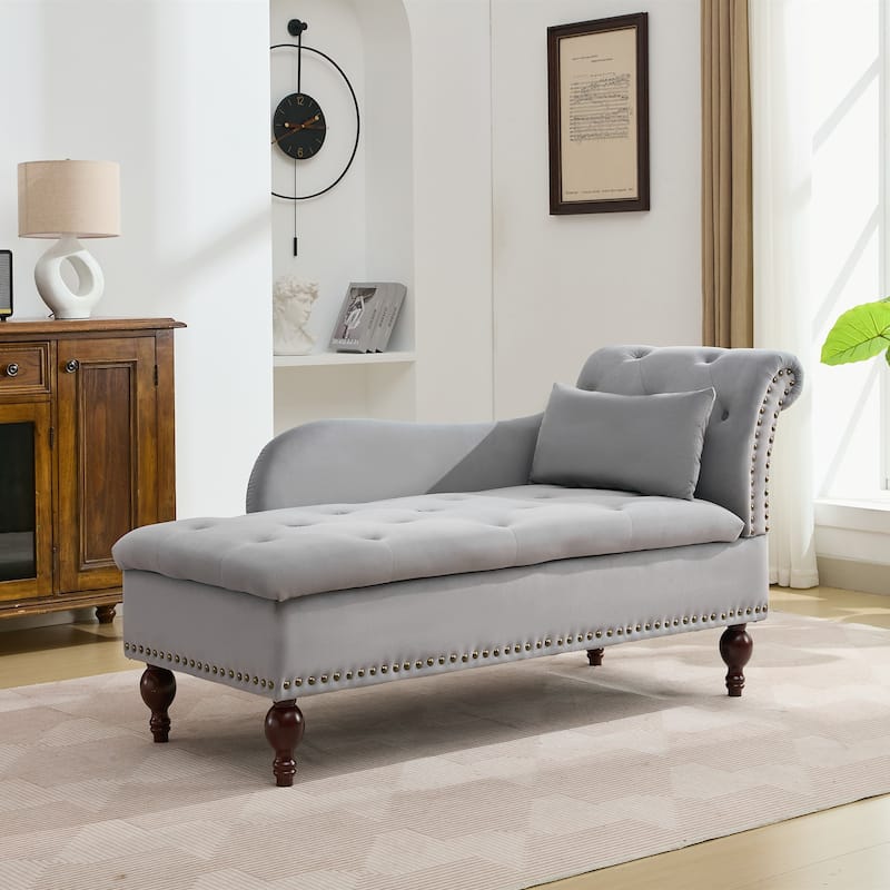Velvet Chaise Lounge with a Storage Function, Tufted Cushions & Nailheads