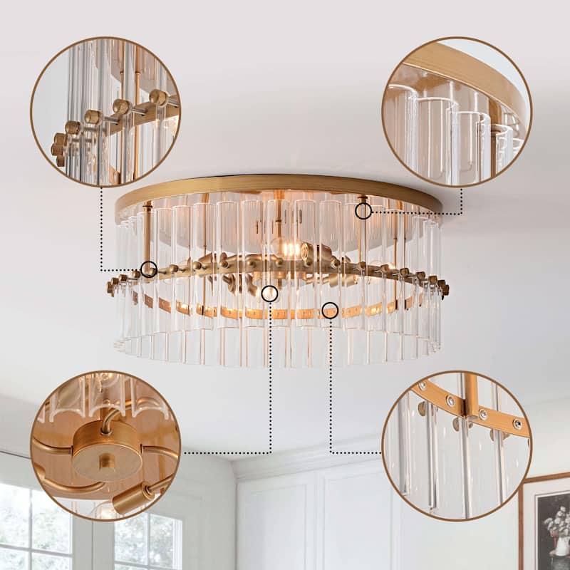 Casandra 18.7" 4-Light Hollow Half-cut Glass Drum Flush Mount - Brushed Brass