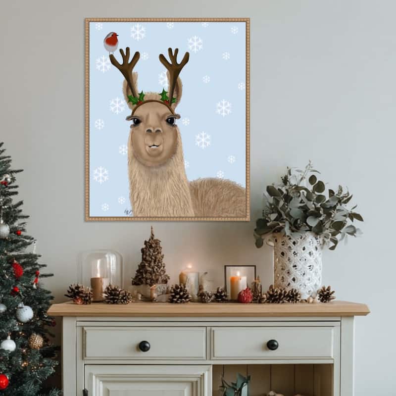 Llama Antlers by Fab Funky (23 x 28 in.), Framed Canvas Wall Art Print - Sylvie Beaded Rustic Natural