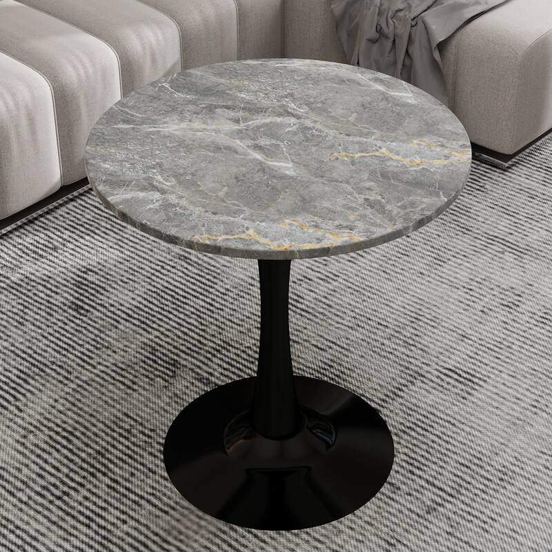 27.6" Mid-Century Modern Style Dining Table, Accommodates 2-4 People, Featuring A Round Dark Gray Textured Marble Tabletop