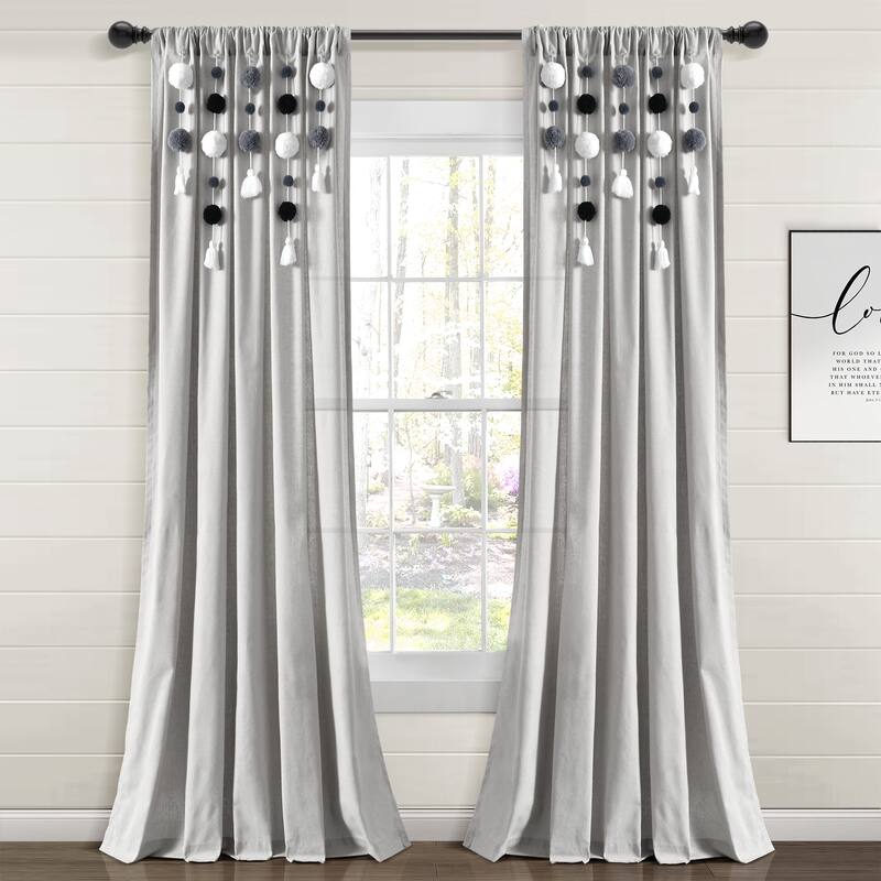 Lush Decor Boho Pom Pom Tassel Linen Window Curtain Panel (Single) - 52"W x 84"L - Gray/Black