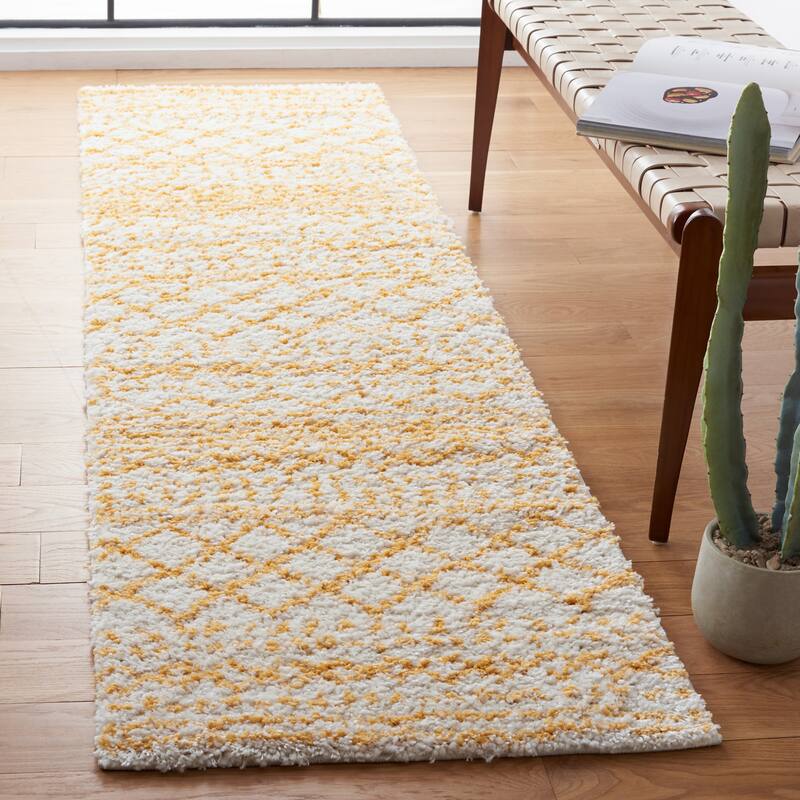 SAFAVIEH Arizona Shag Lotta Moroccan 1.2-inch Thick Rug - 2'3" x 8' Runner - Ivory/Yellow