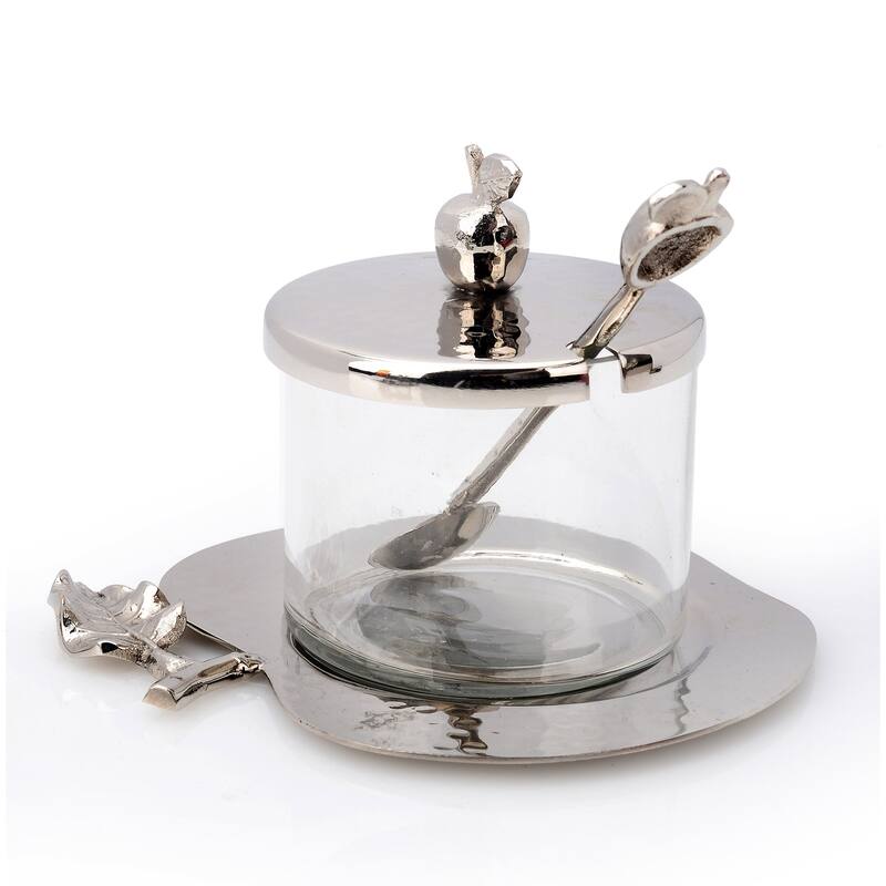 Apple Shaped Honey Jar with Spoon - Silver
