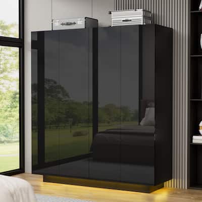 63"W Family 4-Door Wardrobe Armoire Closet Storage LED Light High Gloss - N/A