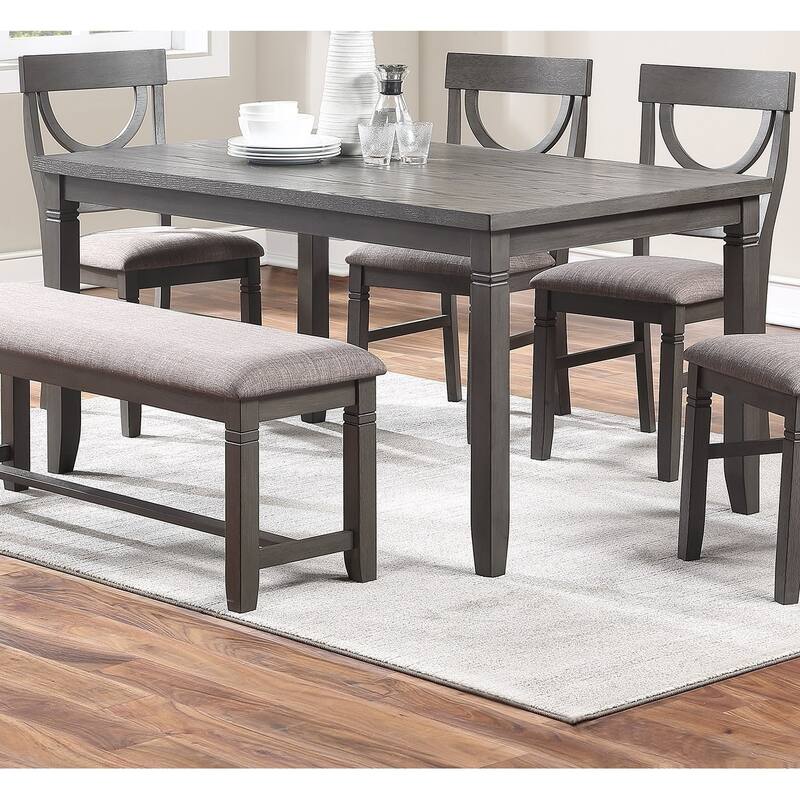 6 Piece Wood Dining Table Set, Kitchen Dining Room Table Set with Rectangle Table, 4 Upholstered Chairs and Bench