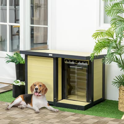 PawHut Outdoor Dog Kennel House with Porch and Hinged Roof, Medium Size, Gray