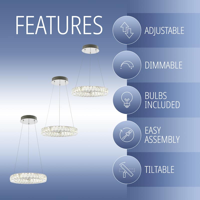 Alexia 15.7" Adjustable Integrated LED Metal/Crystal Pendant Pendant, Chrome/Clear by JONATHAN Y