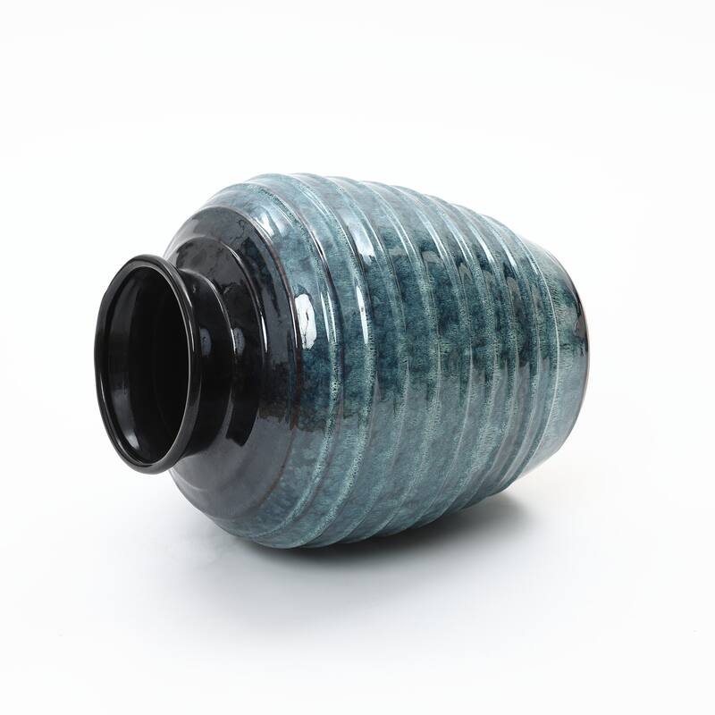 Rippled Blue with Brown Round Ceramic Vase, Home Decor Tabletop & Floor Accent