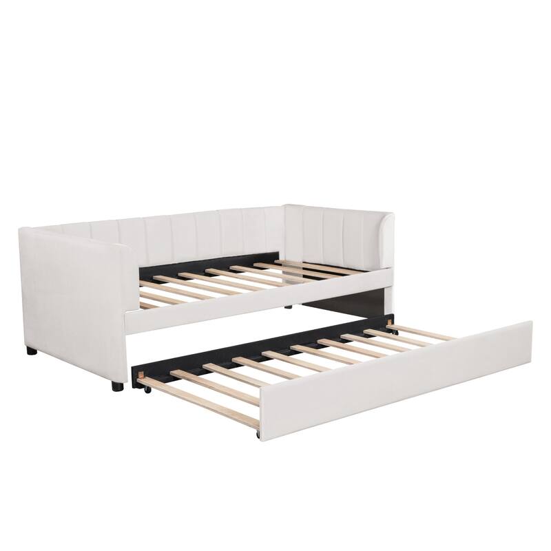 Twin Size Upholstered Daybed with Ergonomic Design Backrest and Trundle