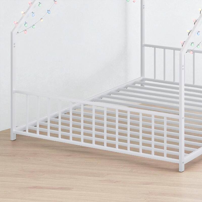 Twin/Full Size Kids Roof-Shaped Metal Bed Frame with Colorful LED Lights, Low Profile Design, 350 lb Capacity