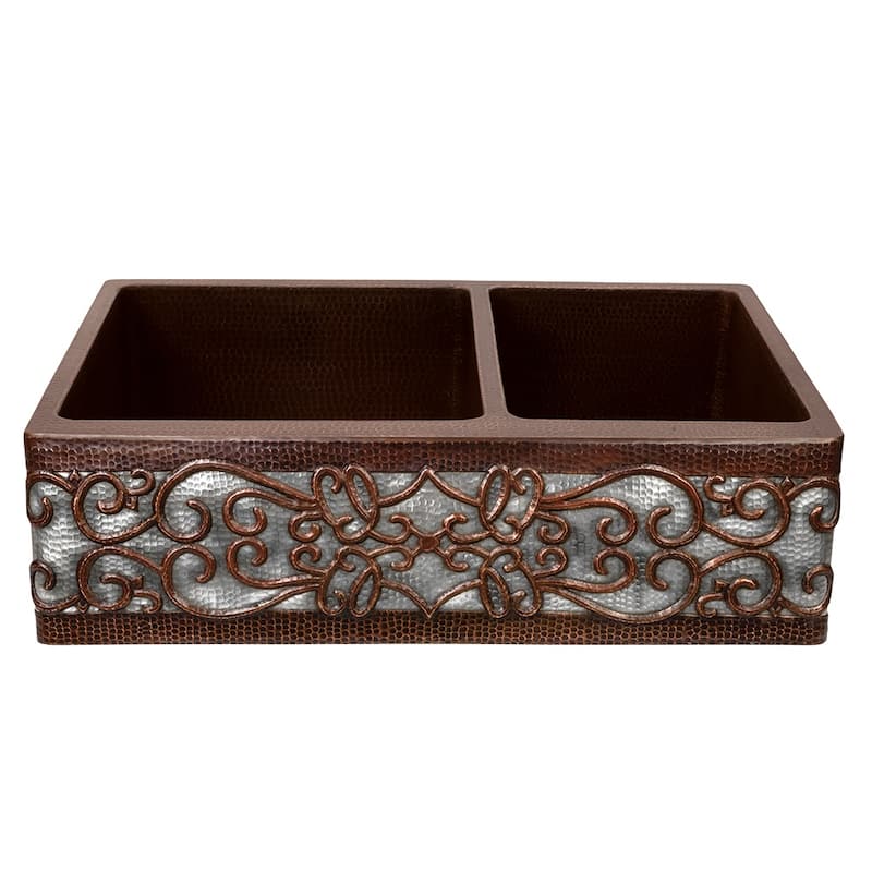 33-in Hammered Copper Apron Front 60/40 Double Basin Kitchen Sink w/ Scroll Design and Nickel Background (KA60DB33229S-NB)