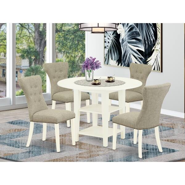 Suga5 Lwh 35 5 Pc Round Dining Table Set 4 Dining Chairs And Kitchen Drops Leaf Dining Table High Back Linen White Finish Overstock Com Shopping The Best Deals On Dining Sets 36715222