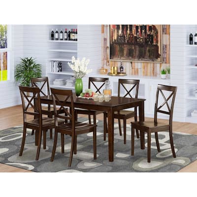 HomeStock 7-Piece Rectangle Cappuccino Finish Solid Wood Top Dining Table with 6 Cross-Back Wood Seat Dining Chairs, Seats 6