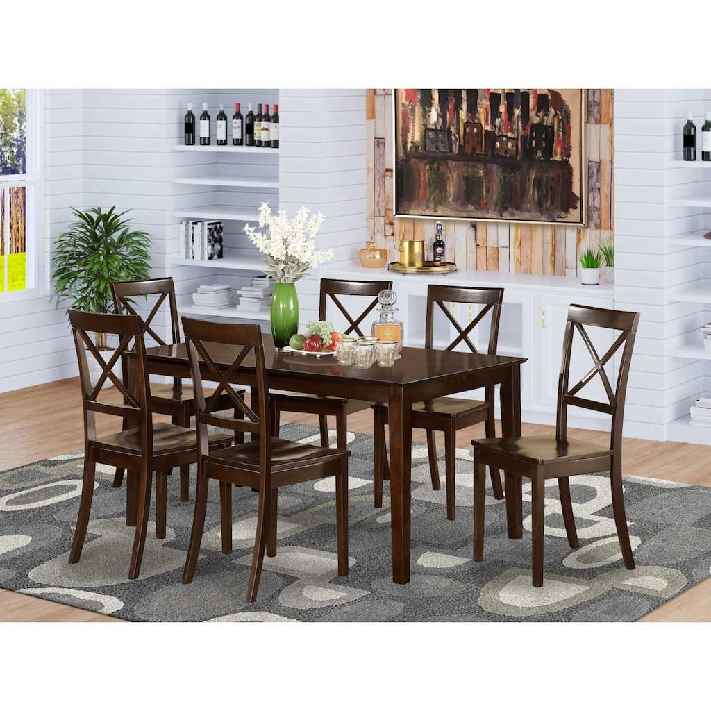 HomeStock 7-Piece Rectangle Cappuccino Finish Solid Wood Top Dining Table with 6 Cross-Back Wood Seat Dining Chairs, Seats 6