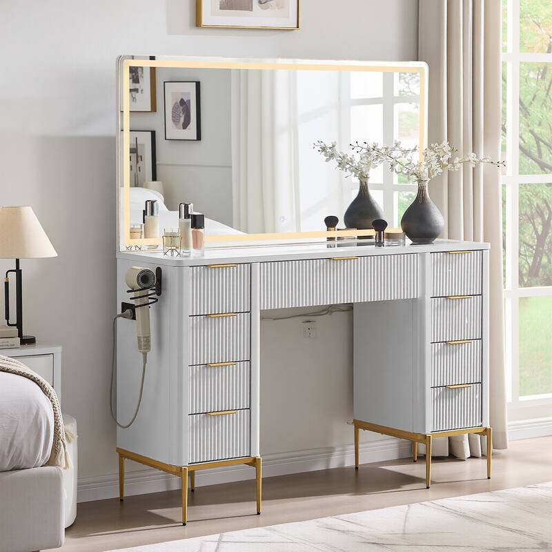 Modern Fluted Makeup Vanity Desk with Mirror, Lights, Charging Station - White