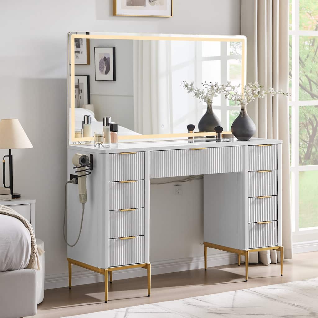 Modern Fluted Makeup Vanity Desk with Mirror, Lights, Charging Station