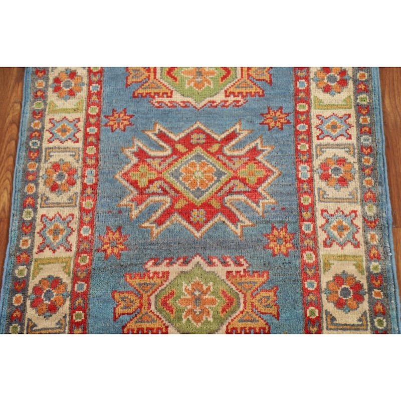 Blue Kazak Oriental Accent Rug Hand-Knotted Geometric Wool Carpet - 2'0" x 3'0"