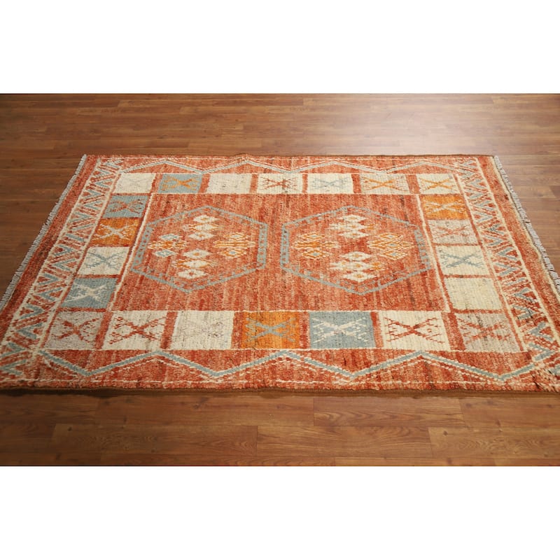 Orange Geometric Moroccan Oriental Rug Hand-Knotted Modern Wool Carpet - 4'1" x 6'1"