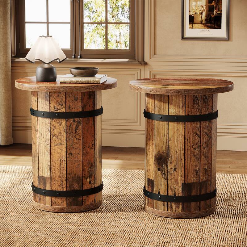 Industrial Side Table with Sturdy Base, Round - 2-Piece - Brown