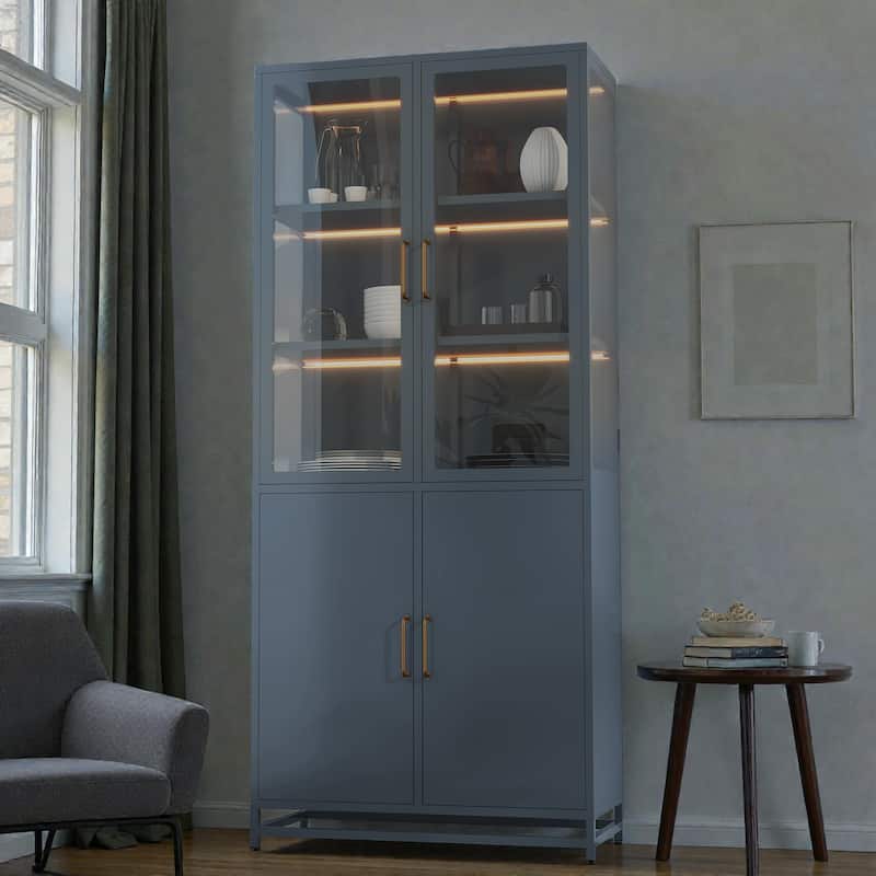 76.75 Inch Glass Display Cabinet with LED Lights, 3 Sided Tempered Glass Steel Curio Cabinet with Double Doors - Dark Blue