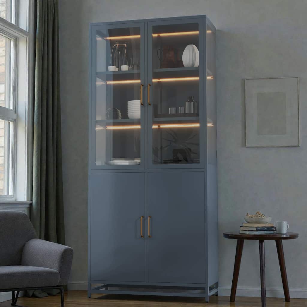 76.75 Inch Glass Display Cabinet with LED Lights, 3 Sided Tempered Glass Steel Curio Cabinet with Double Doors