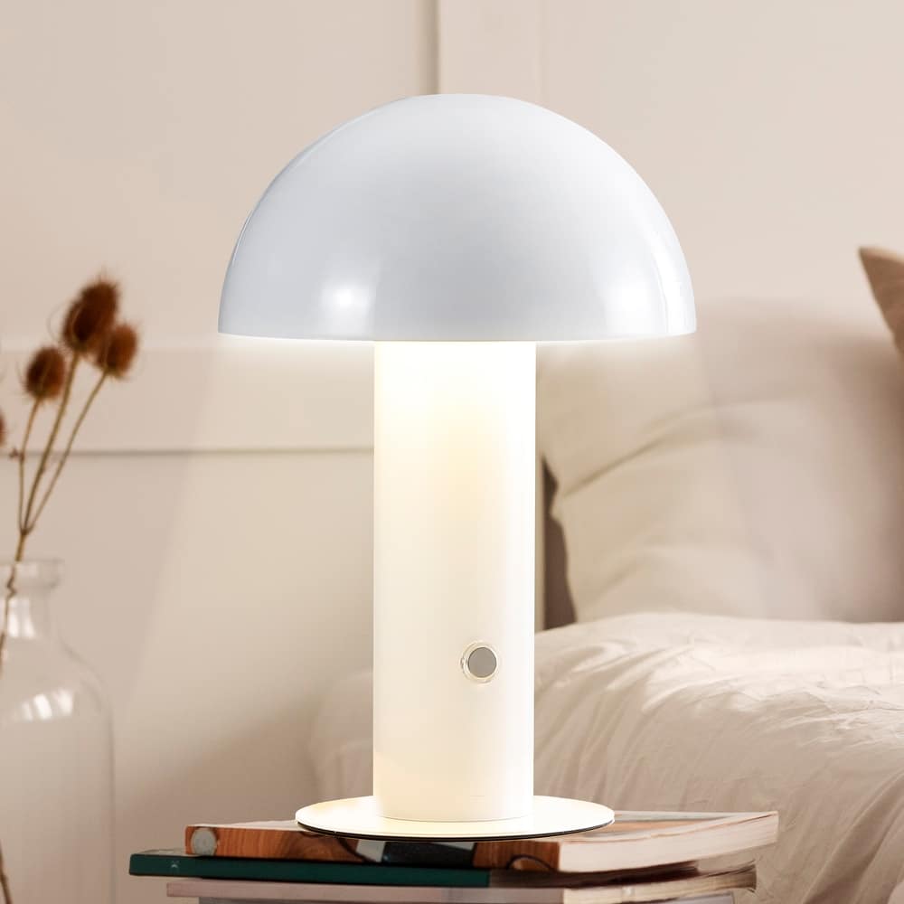 Porcini 10.75" Contemporary Bohemian Rechargeable/Cordless Iron Integrated LED Mushroom Table Lamp, by JONATHAN Y