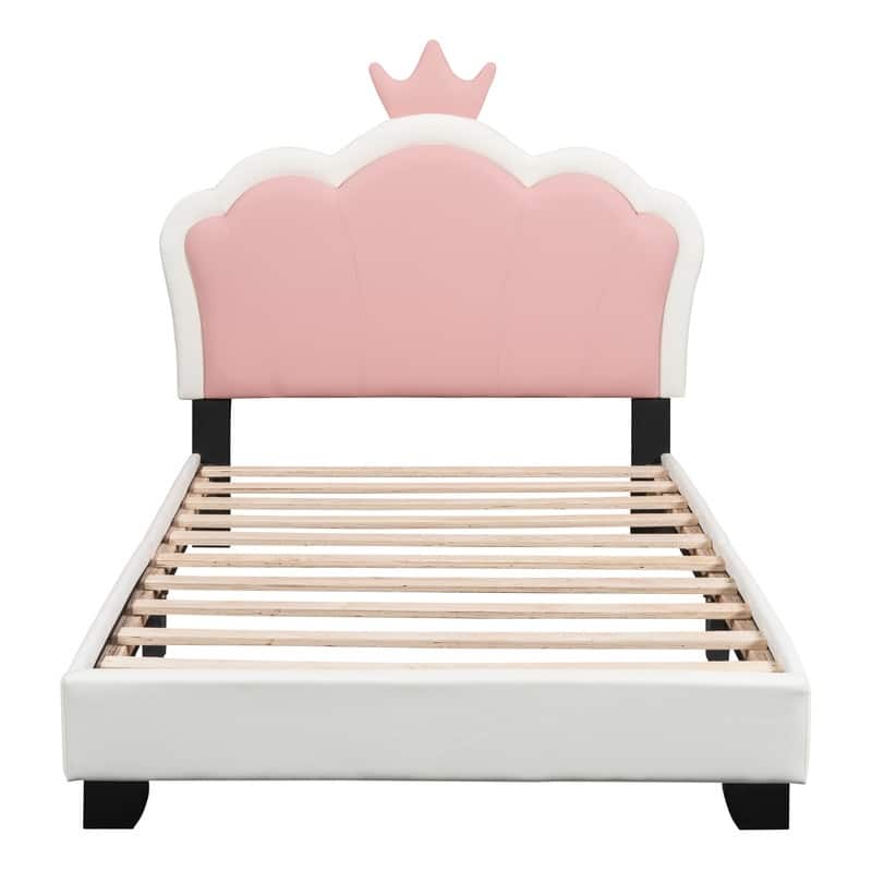 Twin/Full Size Upholstered Princess Bed with Crown Headboard, Cute Platform Bed Frame with Headboard and Footboard for Kids