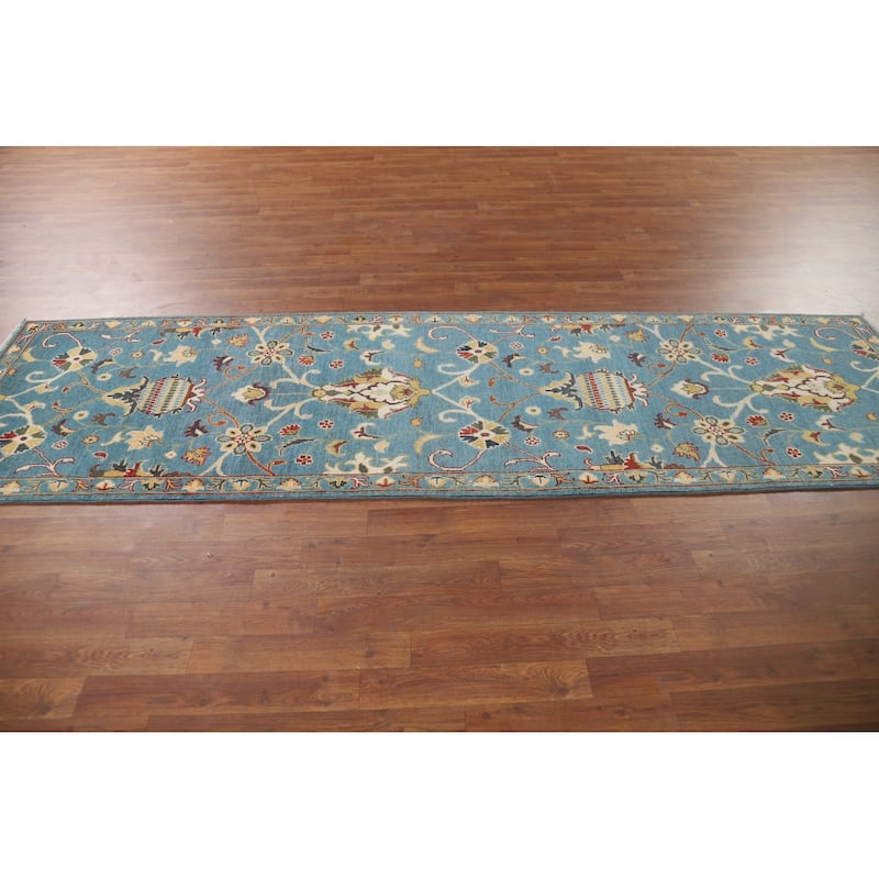 Light Blue Oushak Runner Rug Handmade Transitional Wool Carpet - 2'9" x 9'9"