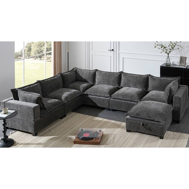 Roomfitters 117.5" Modular U-Shaped Sectional Sofa with Storage Ottoman, 7 Seat Wide Chenille Couch, Living Room Sofa