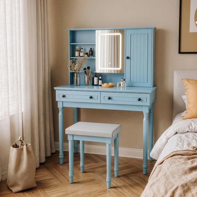 Vanity Desk with Adjustable Lighted Mirror & Upholstered Stool