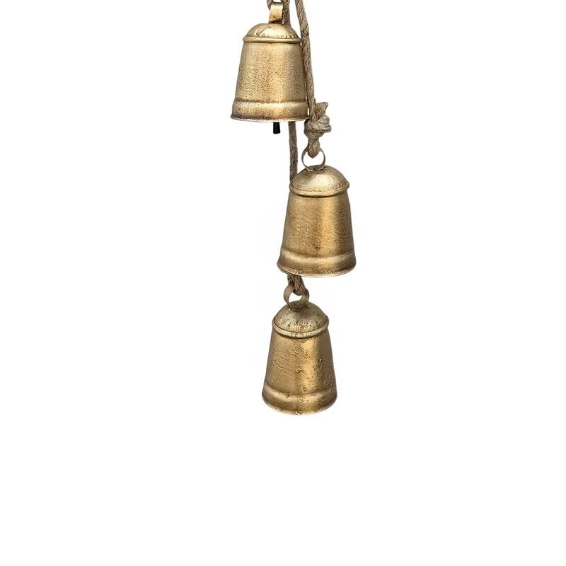 Zema Rustic Iron Hanging Bells Wall Decor, Cylindrical Cowbell on 28 Inch Jute Rope, Antique Gold
