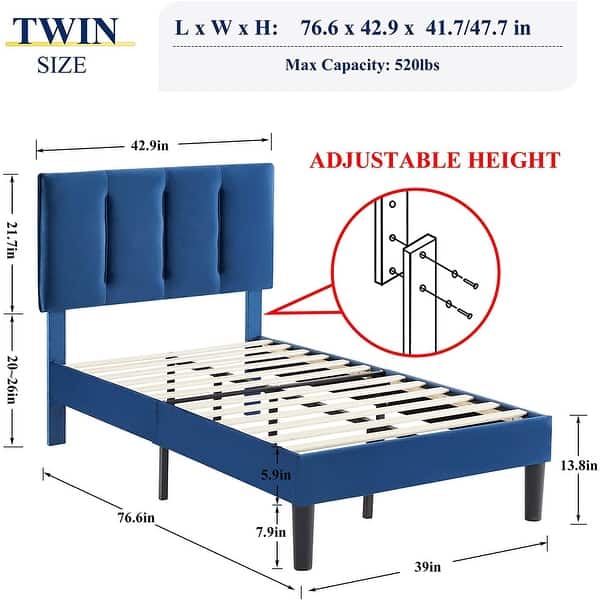dimension image slide 5 of 10, Kids Bed Frame, Height Adjustable Upholstered Bed, Twin Size Bed Set of 2