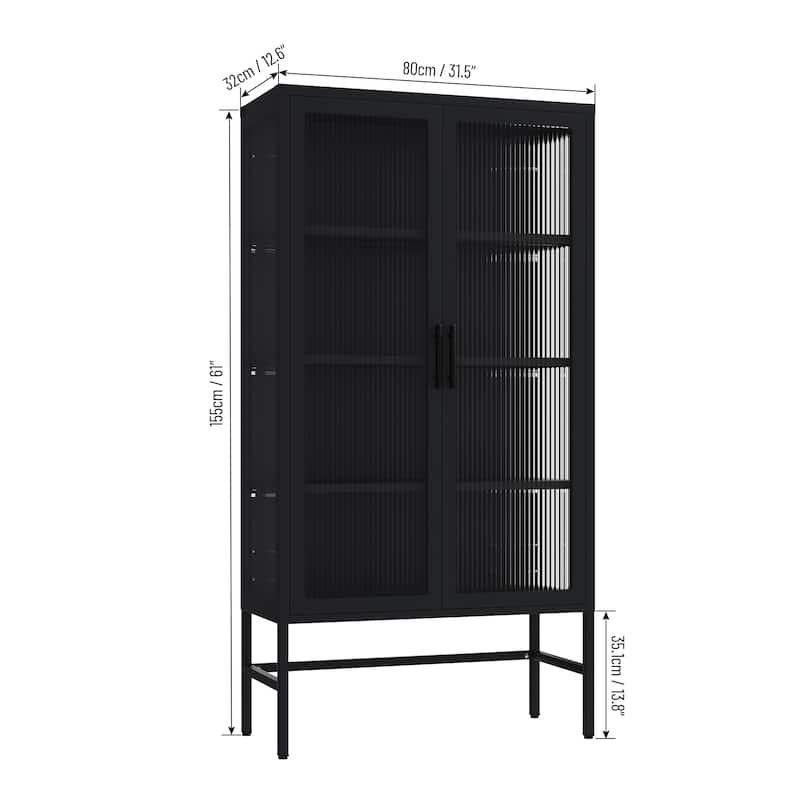Modern Glass Door Cabinet with Adjustable Shelves Steel Storage Sideboard
