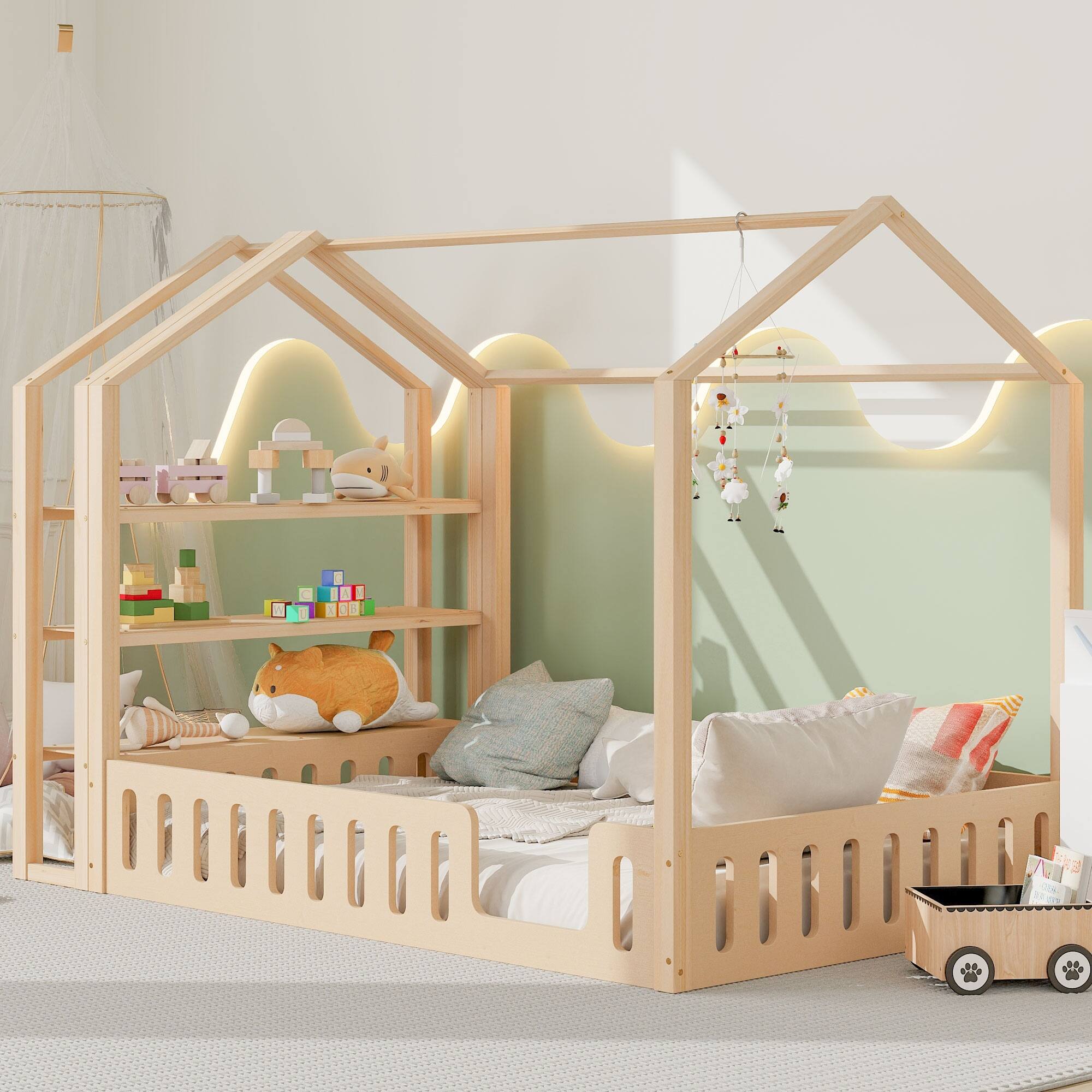 Full Size Wood House Bed with Fence and Detachable Storage Shelves Natural, Sturdy Pine Wood