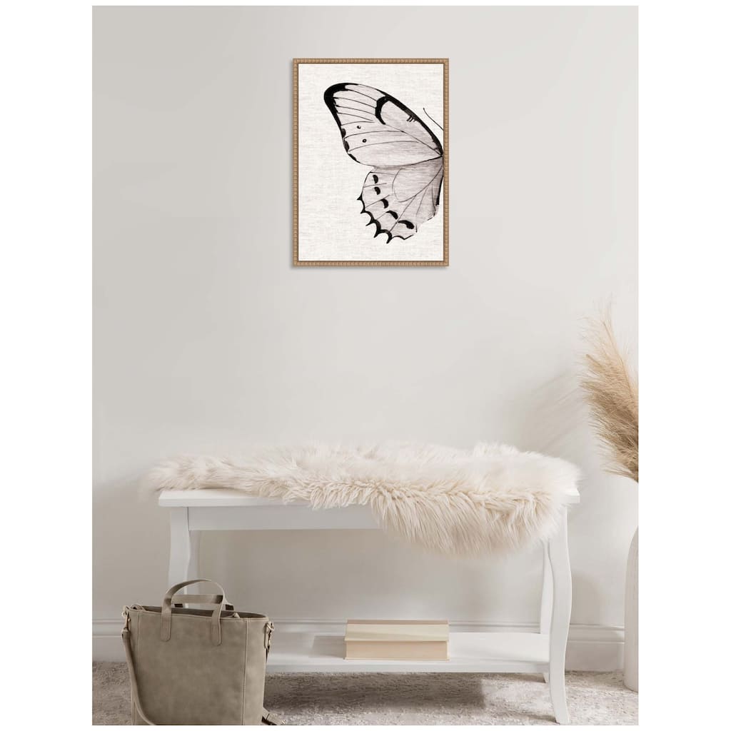Kate and Laurel Sylvie Minimal Butterfly Watercolor Diptych Woven Neutral Linen Left Framed Canvas by The Creative Bunch Studio
