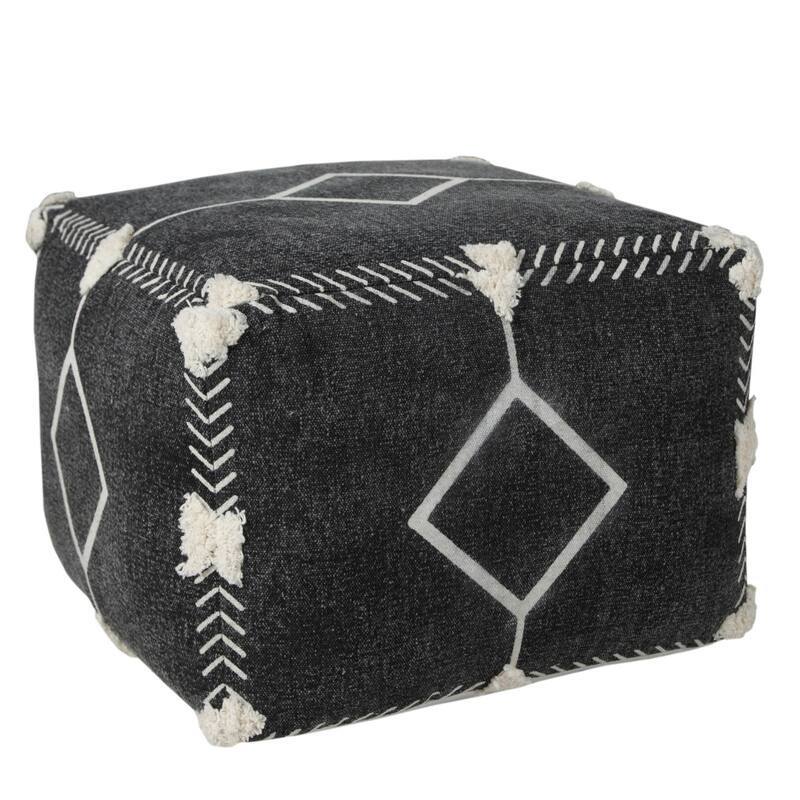 18" Black Cotton Geometric Pouf Ottoman for Living Room Seating and Footrest