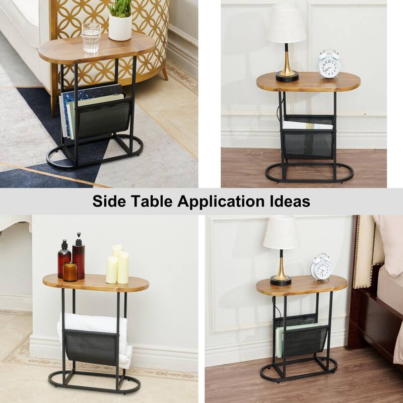 Acacia Oval Small Side Tables With Magazine Organizer Set of 2
