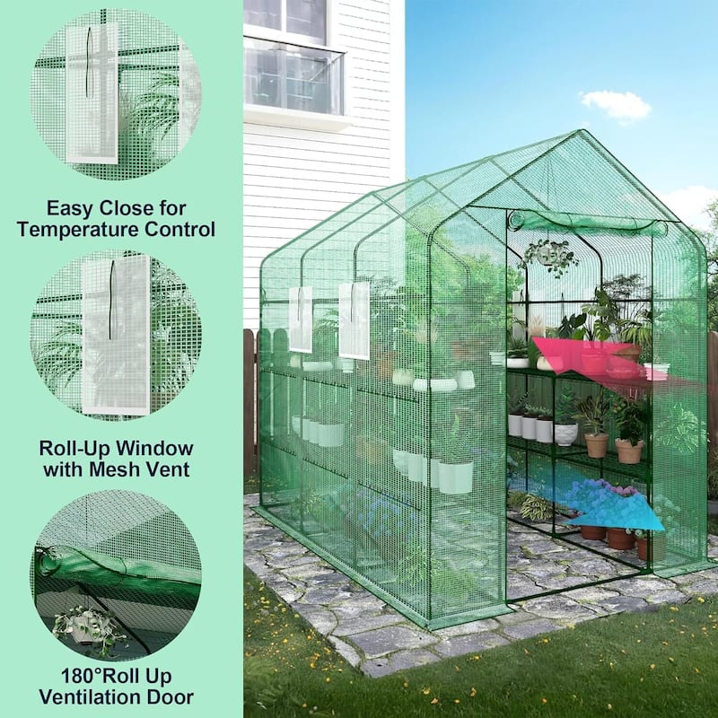57" w x 85" l x 77" h 3-Tier Heavy Duty Walk-in Garden Portable Greenhouse for Outdoor Plants, Green