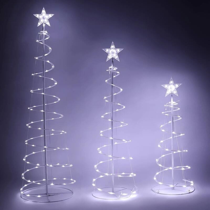 3, 4, 5 Ft Tall Cool White Metal and PVC Indoor Outdoor Spiral Christmas Tree LED Yard Light (Set of 3)